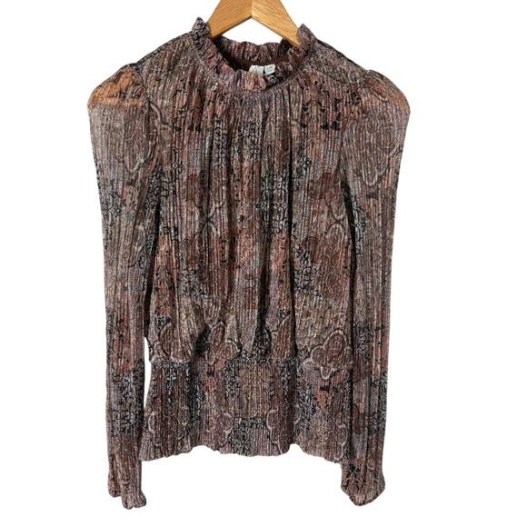 Joie Ruffled Crewneck Sheer Long Sleeve Blouse Smocked Waist Boho Floral Print L - Picture 1 of 7